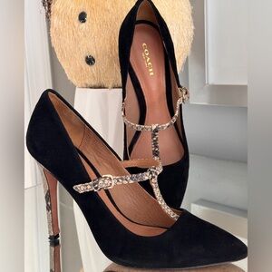 Coach Fulton Heels Black Suede and Snake Print | Size 8